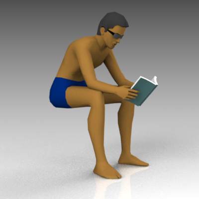 Man reading in swim shorts. 