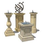A collection of sundials on stone plinths.