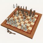 A unique style of chess pieces on a wood board wit...