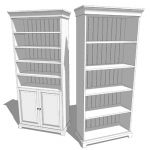 A pair of white bookshelves. One with doors and on...
