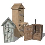 A set of 3 whimsical outhouses.