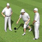 Three senior male playing lawn 
bowls.