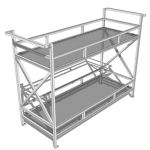 A chrome and glass rolling bar cart.