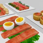 An assortment of 4 salmon platters with garnishing...