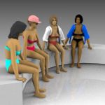 Females sitting in swimwear.