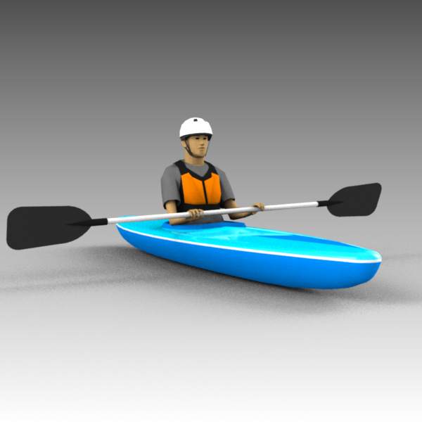 Man in kayak. Traditional and sit on 
top.. 
