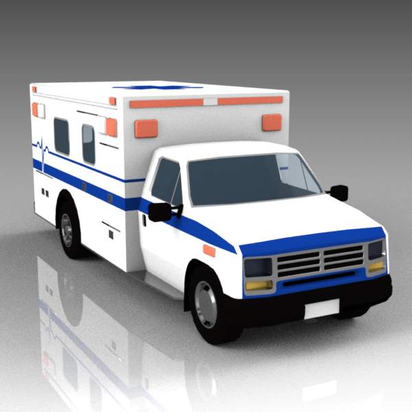US type ambulance. On road, rear doors closed.. 