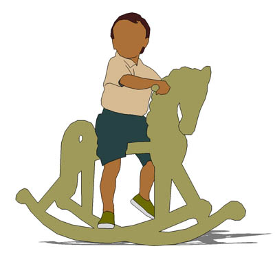 2D face Me figure; young child on rocking horse. 
