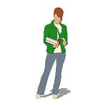 Girl holding a pile of textbooks and reading one