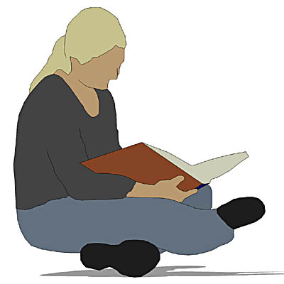 A female student, seated on the ground, reading a .... 