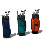 A variety of golf bags with clubs.