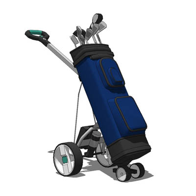 A variety of motorised golf trolleys with bags.. 
