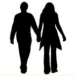 2d silhouette of a Man and Woman walking holding h...