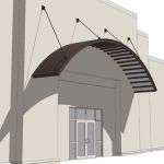 Storefront arched entrance canopy supported by han...